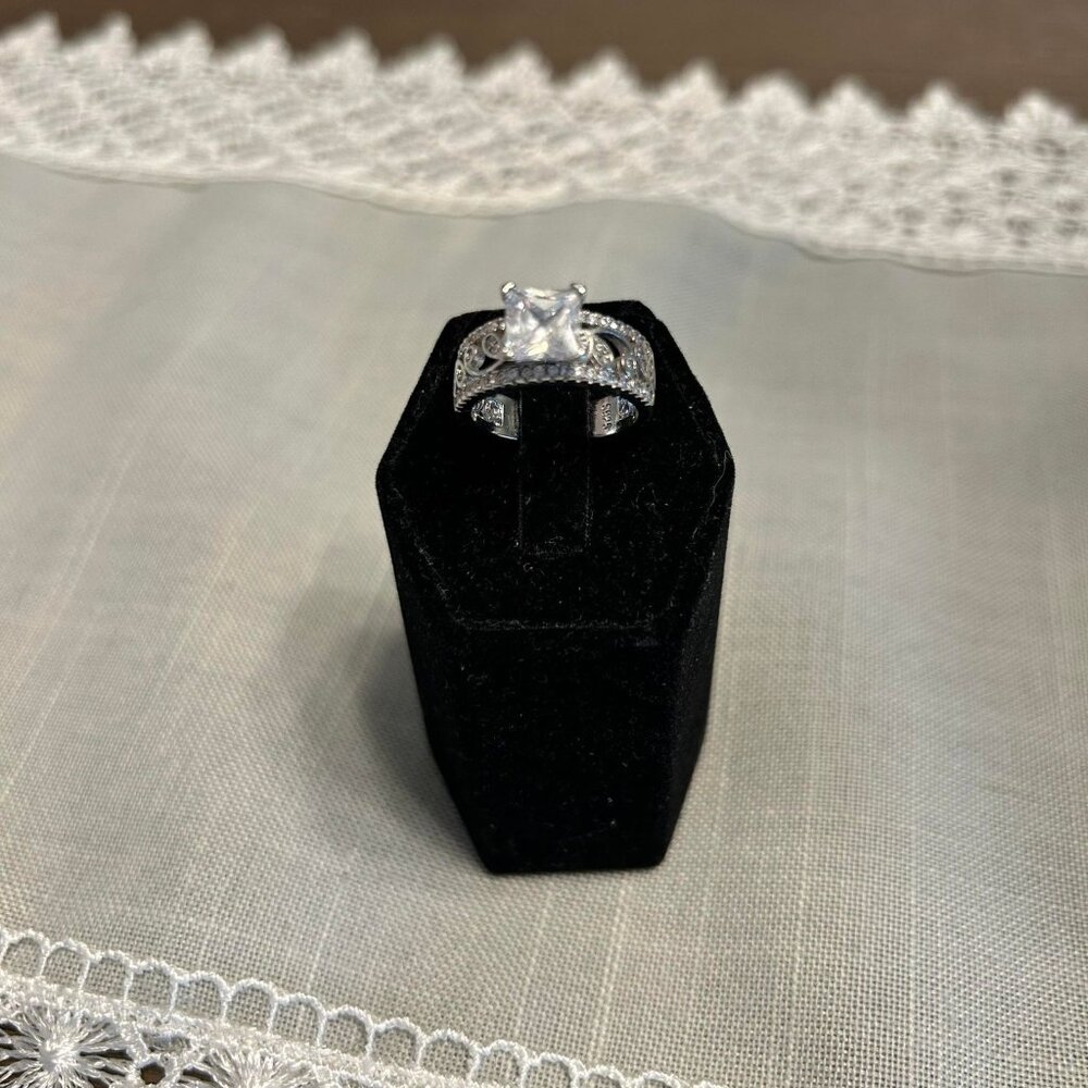 Zirconia Princess Cut Ring, Filigree Designed on a Sterling Silver Setting